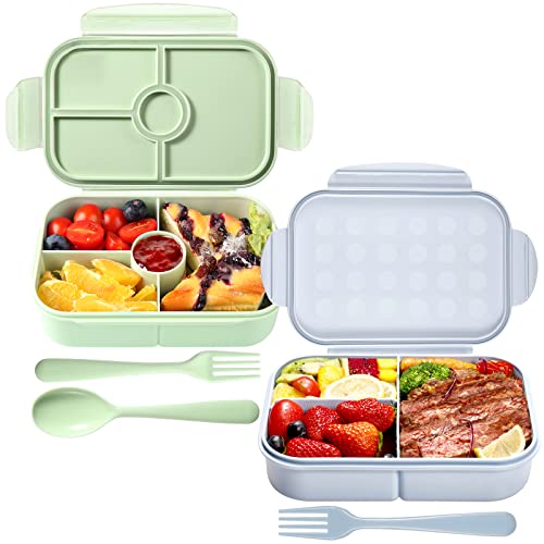 Bento Box,Jeopace Bento Box Adult Lunch Box,Kids Bento Box with 3&4Compartments,Lunch Containers Microwave Safe(Flatware Included,Blue+LightGreen)