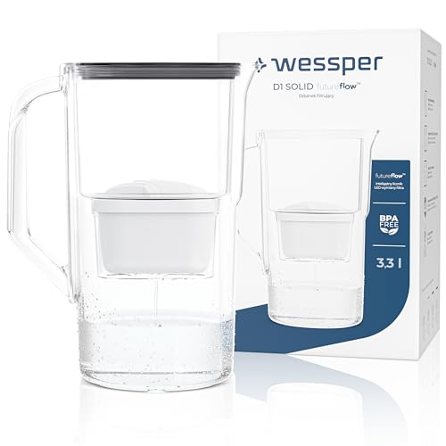 Wessper Caraffa FIltrante 3,3 Litri, con Contatore a LED, Caraffa Filtro Acqua con FIltro, FIltri per Acqua a Cartuccia di Carboni Attivi, Riduce il Calcare e il Cloro, BPA-Free – Nero