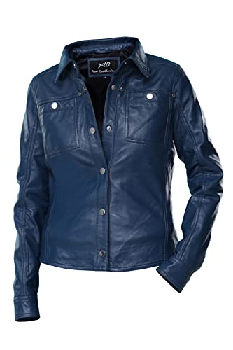 Womens Button Front Lambskin Leather Jacket Shacket - Casual Shirt Long Sleeve Leather Jacket Women With Bust Pocket (Blue-L) #TOP1