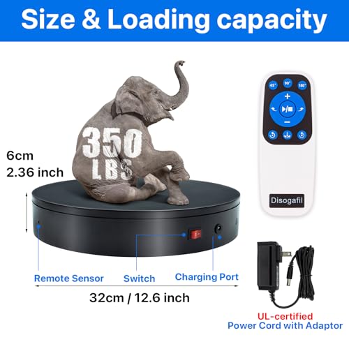 Disogafil 360 Rotating Platform, 12.6 Inch /32cm Motorized Electric Turntable, 350lbs Capacity Motorized Rotating Display Stand with Remote, Heavy Duty Photography Turntable for Human/Product