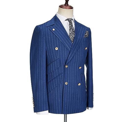 Men's 2 Piece Pinstripe Suit Double Breasted Formal Groomsmen Tuxedos Blazer Pant Sets4