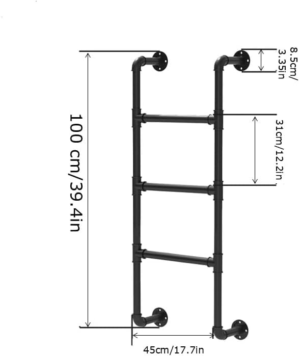3-Rung Bunk Bed Ladder, 3.3x1.5FT Wall Mount Basement Window Well Egress, Black Wrought Iron Industrial Pipe Step Loads 330lbs, Indoor Outdoor Metal for Attic Loft Dorm RV Deck