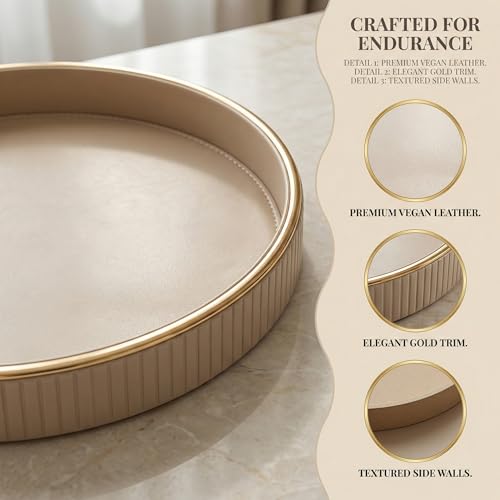 BXUUXA Tablett Serviertablett Rund Ø 30cm Deko Tablett PU Leder mit Goldrand Küchentablett Tischtablett Ablageschale Valet Tablet Kellnertablett für Küche Wohnzimmer Schlafzimmer(Beige)