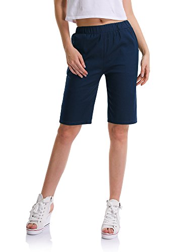 OCHENTA Mujeres Casual Elástica Cintura Rodilla Bermudas Pantalones Cortos Azul Oscuro ES 2XL