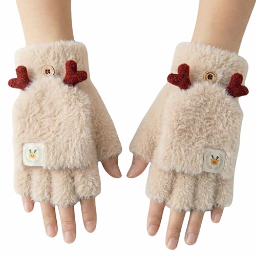 Image of Kraptick Women's Cute Reindeer Plush Convertible Fingerless Gloves - Winter Warm Fluffy Flip-Top Mittens - Korean Style Soft Hand Warmers for Girls & Ladies (Free Size, White)-3