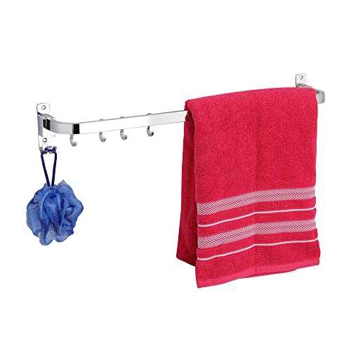 Image of USF Bath Accessories 304 Grade Stainless Steel Folding Towel Rod with Hooks, 24 Inch Towel Bar for Bathroom, Wall Mounted Napkin Rod, Chrome Finish, 3 Years Warranty
