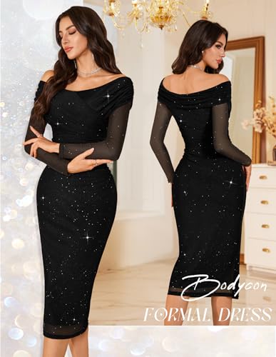 BeryLove Womens Long Sleeve Off Shoulder Formal Wedding Guest 2025 Mesh Sequin Dress2
