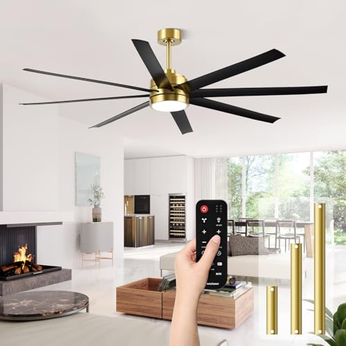 Image of Conciseer 65 Inch Ceiling Fans with Lights and Remote for Bedroom Living Room Kitchen Office, Indoor /Outdoor Use, 3CCT, 8 Blades 6 Speed Reversible Dimmable Quiet DC Motor, Gold /Black