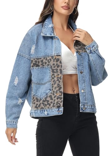 Anna-Kaci Women Long Sleeve Button Down Leopard Print Crop Denim Jacket Ripped Distressed Boyfriend Outerwear