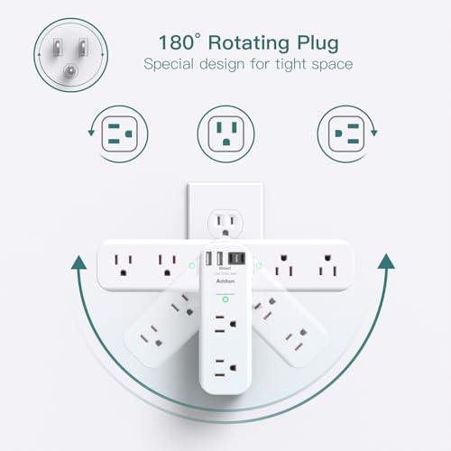 Image of Addtam 30W USB C Outlet Extender Surge Protector, Rotating Plug | 6 AC Outlets Splitter, 4 USB Ports (2 USB-C), 1800J Wall Mount Power Strip, 3-Side Multi Plug for Dorm, Travel Essentials