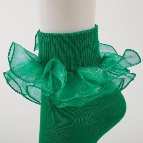 Image of Women Big Ruffle Ankle Socks Adult Double Lace Frilly Turn Cuff Dress Socks Cotton Cute Fancy Bobby Crew Socks