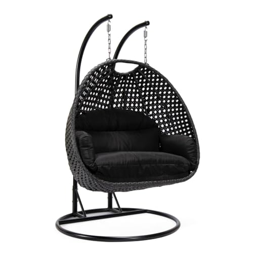 Image of Double Seater Hammock Swing Chair with Stand & Cushion | Heavy Duty Powder Coated Steel Frame | Outdoor Indoor Hanging Swing for Patio Balcony Garden Terrace Living Room (Black-Black)