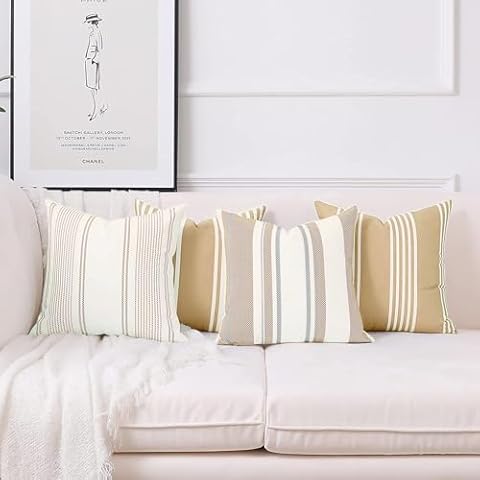 Homefeelzydys Farmhouse Stripe Check Throw Pillow Covers Pack of 4 16x16 Cotton Decorative Pillowcases Cushion Cover for Couch Bench Sofa Cover