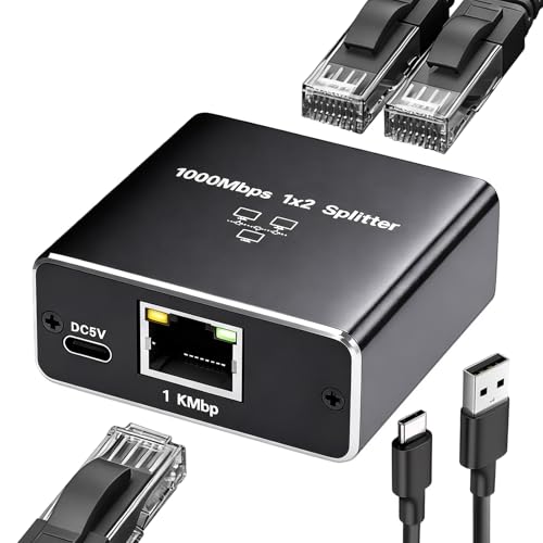 Switch Ethernet Splitter 1 a 2, Switch RJ45 2 Puertos Ethernet 1000 Mbps, LAN Gigabit Network Splitter RJ45 con Cable de Alimentación USB Tipo C para Ordenador, Conmutador, Router