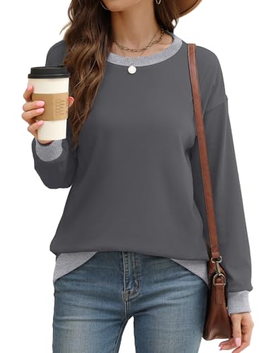 Image of Saloogoe Sweatshirts for Women Crewneck Long Sleeve Loose Fit Tops Color Block Ribbed Trim Fashion 2025