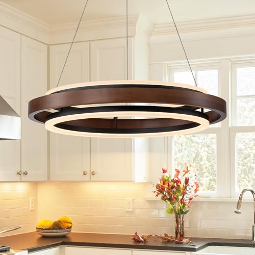 HUOKU Modern Wooden LED Chandelier, 24" Dimmable Farmhouse Walnut Color