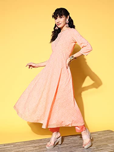 Image of ishin Women's Cotton Blend Peach Embroidered Anarkali Kurta With Dupatta