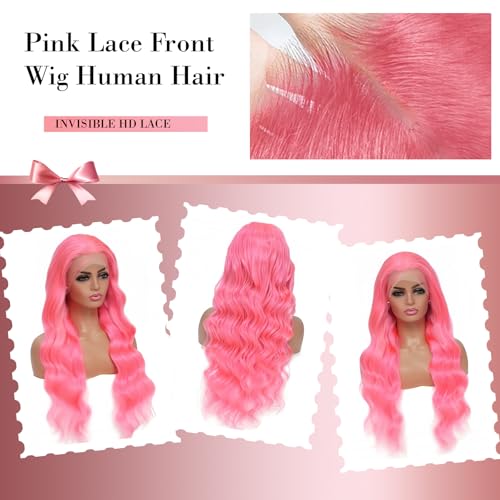 Pink Lace Front Wig Human Hair 13x4 Body Wave 200 Density HD Lace Front Wigs Human Hair Pre Plucked with Baby Hair Pink Colored Lace Frontal Glueless Wigs for Women 20 Inch