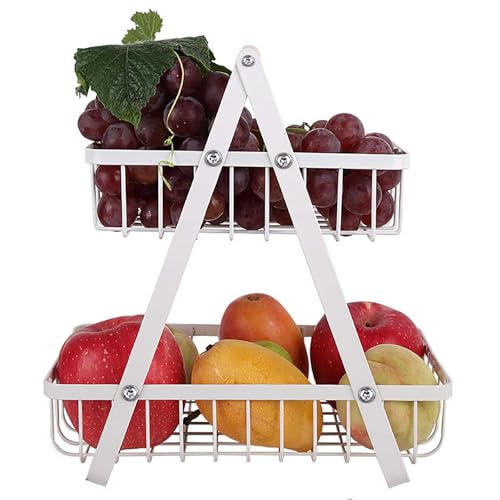 2 Pisos Fruteros de Cocina, Cestas de alambre, Frutero y verdulero de metal para pan y aperitivos, adecuado para la cocina o el salón Blanco