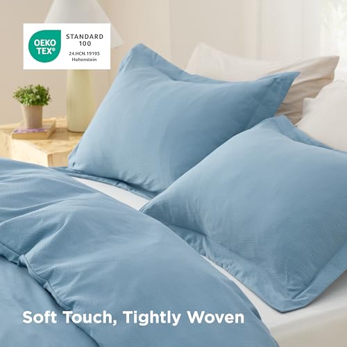 Image of Bedsure Textured Duvet Cover Queen Size - Cotton-Like Polyester Jacquard Duvet Cover Set for All Seasons - 3 Pieces Ultra Soft Bedding Set with 2 Pillow Shams, NO Comforter (Blue, Queen, 90 inchx90 inch)