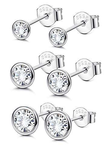 Sllaiss Sterling Silver Cubic Zirconia Bezel Set Stud Earrings Set for Women Girls Round Cut CZ Earrings 3 Pairs Martini Stud Earrings Hypoallergenic