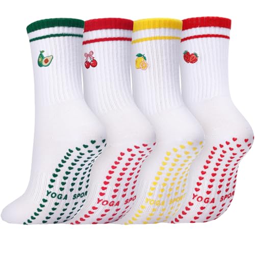 Boyiee 4 pares meias antiderrapantes para mulher, algodão, design de frutas, para fitness, ténis, ioga, pilates, desporto