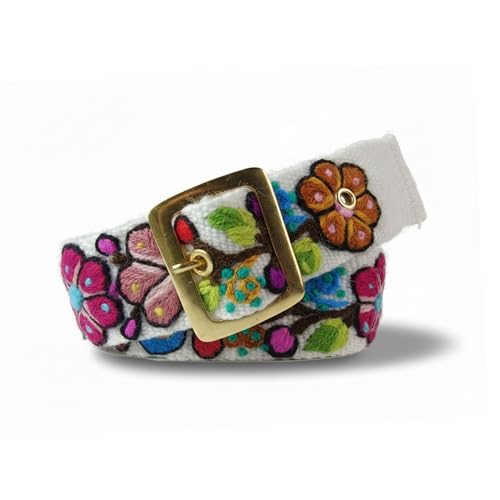 Illaymaki Handmade Embroidered Belts for Women by Peruvian Artisans - Woven Boho Floral, Square Buckle - Colorful Belts for Women, Versatile for Jeans, Dresses & Casual Outfits (White, Small - 38.5")
