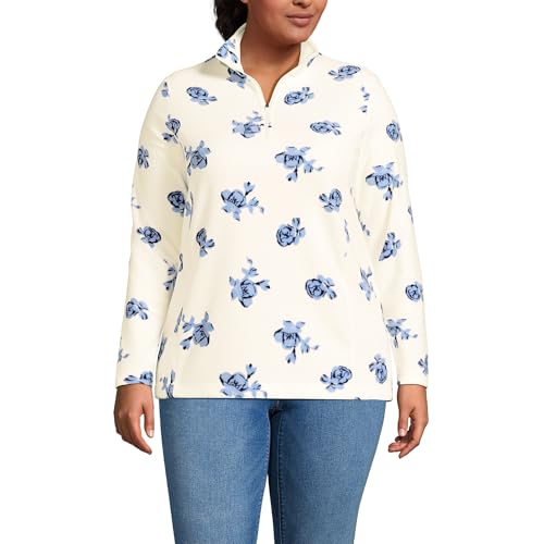 Lands' End Womens Fleece Quarter Zip Pullover Print Ivory/Clear Blue Tossed Floral Plus 1x