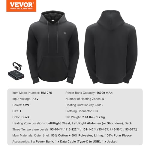 Vevor XXXL SIZE BLACK Heated Hoodie, Unisex Heated Sweatshirt With Battery Pack 7.4V thumb #6