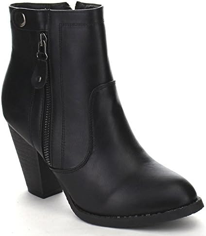 FASHION FOCUS PALMA-1 Women's Chic Double Zipper Button Detailing Chunky Booties, Color:BLACK, Size:6.5
