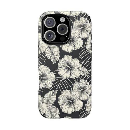 Coque iPhone 16 Pro motif floral monochrome rigide mate noire