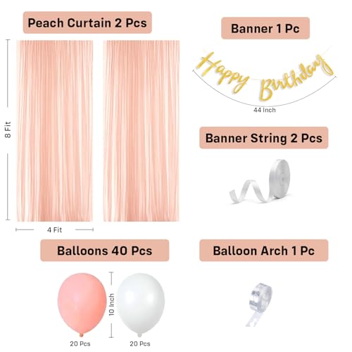 Image of Party Propz Happy Birthday Decoration Kit for Girls -46 Pcs, Birthday Decoration Items with Peach Curtains, Golden Happy Birthday Banner, Balloons for Birthday Decoration for Girls (Cardstock, Latex)