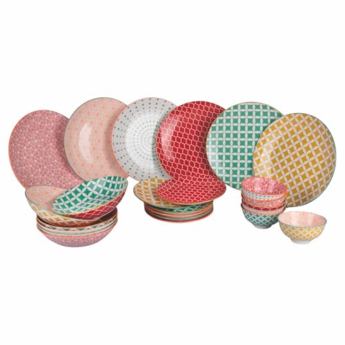 Service d'assiettes 24 pièces en porcelaine, 6 places de table différentes, double décor, confusion in Colors