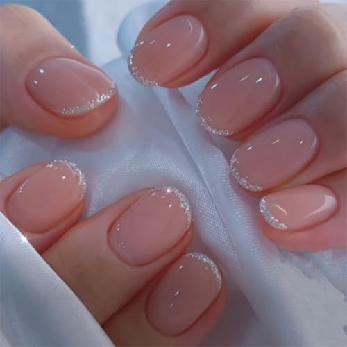 Image of Nude Press on Nails Silver Glitter French Tip Fake Nails Short Oval Nail Press ons Reusable Glossy Full Cover Stick on Nail for Women Manicure 24Pcs