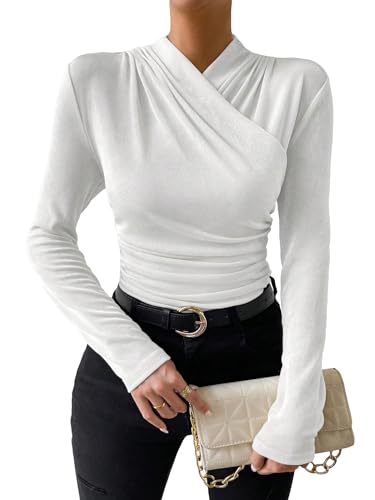 Image of SweatyRocks Women's Ruched Mock Neck Long Sleeve T Shirt Solid Slim Fitted Tee Tops