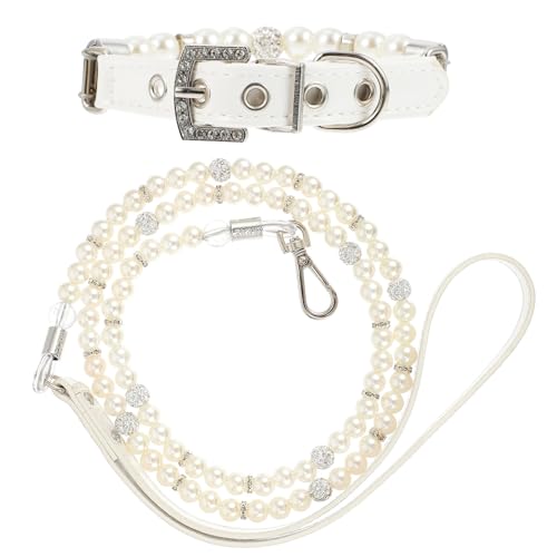 ibasenice Decorados Perlas Ajustables de Cuero PU Blanco Juego de 2 Collares para Perros para Paseo al Aire Libre y Adiestramiento Canino