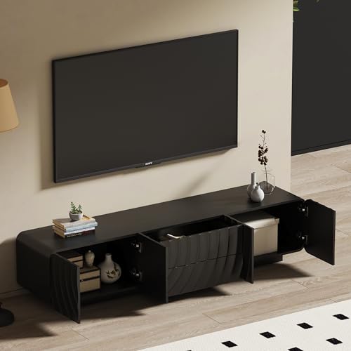 Image of TV Stand, TV Console, 70 Inch Black Entertainment Center, Spiral Wave Cabinet, Ripple Front Media Console with 2 Drawers for 60 to 69 Inch TVs, Living Room Bedroom