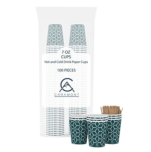 Caramont,7 Oz 100 Gobelets en Carton avec Agitateurs en Bois,Écologique et Jetables,Résistant à la Chaleur,pour la Boisson Froide et Chaude en Carton de Qualité,Ideal pour Café,Thé,Anniversaire,etc Cover
