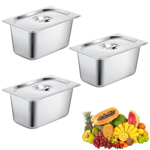 Bocguy Panierschalen Set 3-teilig, GN 1/9 Behälter, Panierstrasse, Gastronormbehälter Edelstahl mit Deckel, Geschirrspüler Gefrierschrank für Käse, Fleisch, Silber, 17,5 x 11 x 10cm