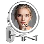 Rechargeable Wall Mounted Lighted Makeup Vanity Mirror 8 inch 1X/10X Magnifying Bathroom Mirror with 3 Color Lights, Double Sided with Dimmable LED Lights, Extended Arm 360° Swivel Extension Mirror