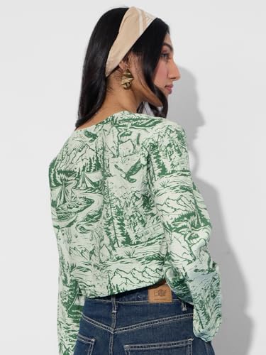 Image of The Souled Store Crop-Top: Green Forest Women and Girls Long Sleeves V Neck Button Front Green All Over Printed Viscose Blend Regular Fit Cropped Tops