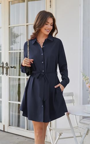 ECOWISH Womens Button Shirt Dress with Pockets Fall Summer Short Mini Dresses Long Sleeve 3/4 Sleeve Long Tunics Blouse Belt3