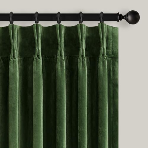 Olive Green Pinch Pleated Velvet Blackout Curtains 84 inches Long 2 Panels Set Forest Green Luxury Elegant Drapes for Bedroom Living Room Thermal Insulated Back Tab Window Panels W40 x L84 Home Decor