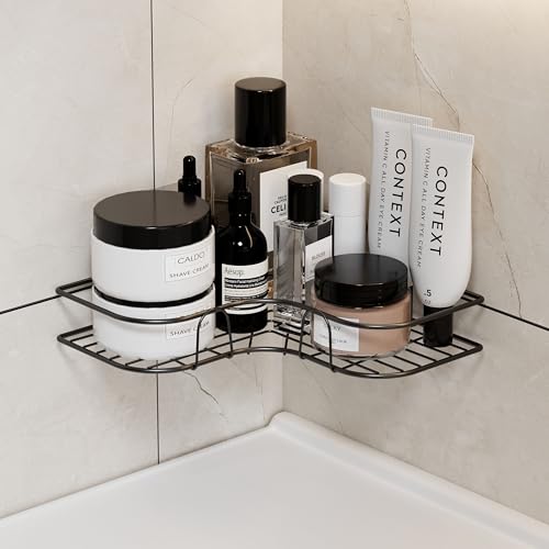 Image of GLOXY Premium Self-Adhesive Mount Black Metal Bathroom Corner Rack - Rust Resistant Bathroom Accessories Storage Rack Shelf - Multipurpose No Drill Shower Caddy Organizer - Pack of 1