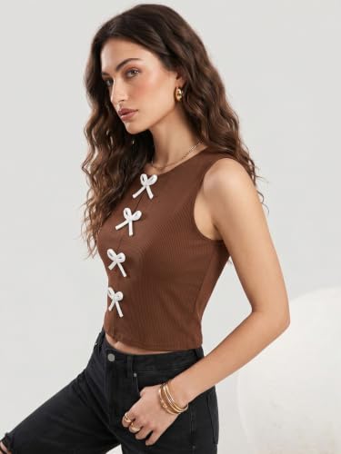 Image of Selvia Ribbed Bow Detail Sleeveless Crop Tops for Women Western