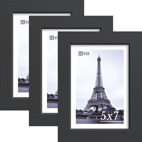 Image of VCK 5x7 Picture Frames - Black, Wide Border Solid Wood Frame, Display Photo in Horizontal and Vertical, for Home, Office, Gallery, Woodgrain Series, Table Display or Wall Hanging, 3 Pack