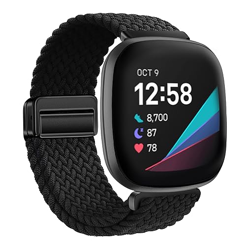 XMUXI Nylon Watch Band Compatible with Fitbit Versa 4/Versa 3 Straps/Sense 2/Sense Strap for Women Men Stretchy Magnet Braided Replacement Wristbands Black