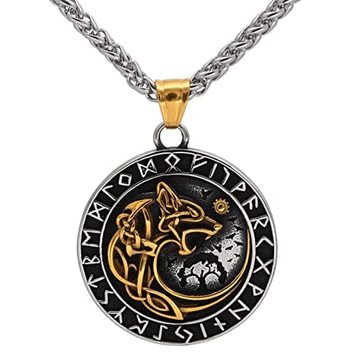 Danwinty Viking - Collar para hombre, cadena de plata para hombre, acero inoxidable, colgante con cadena de 60 cm, para hombres, joyas, diseño de cabeza de lobo nórdico, regalo, Acero inoxidable