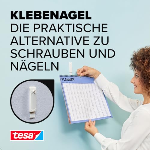 tesa Klebenagel für Tapeten und Putz 1kg - Selbstklebende Nägel für empfindliche Oberflächen - rückstandslos - Bis zu 1 kg Halteleistung pro Nagel - 2 Klebenägel