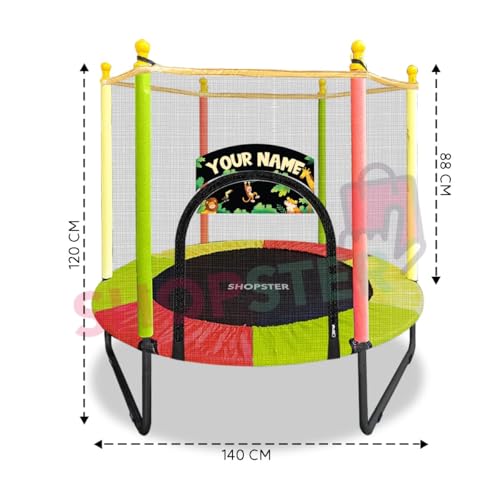 Image of Shopster 55-Inch Kids Personalized Round Trampoline with Safety Enclosure Net - Padded Spring Cover, Durable Steel Frame, Indoor /Outdoor Use, Supports Up to 120 kg - Multicolor